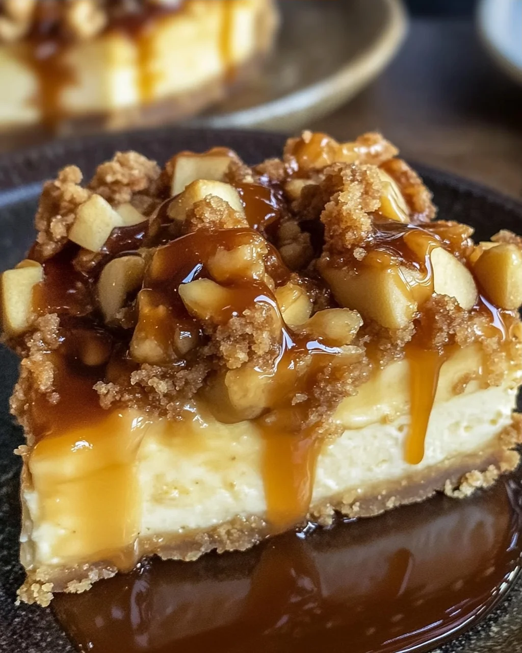Apfel-Cheesecake mit Walnuss-Streuseln und Karamellsauce