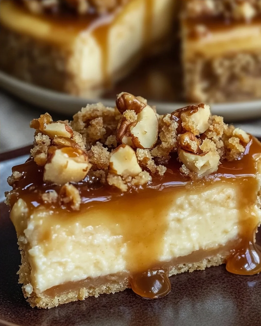 Apfel-Cheesecake mit Walnuss-Streuseln und Karamellsauce