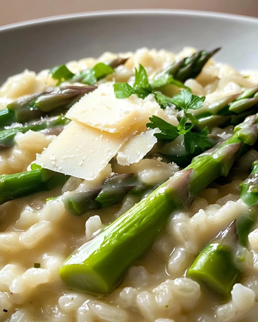 Creamy Asparagus Risotto with White Wine, Butter, and Parmesan