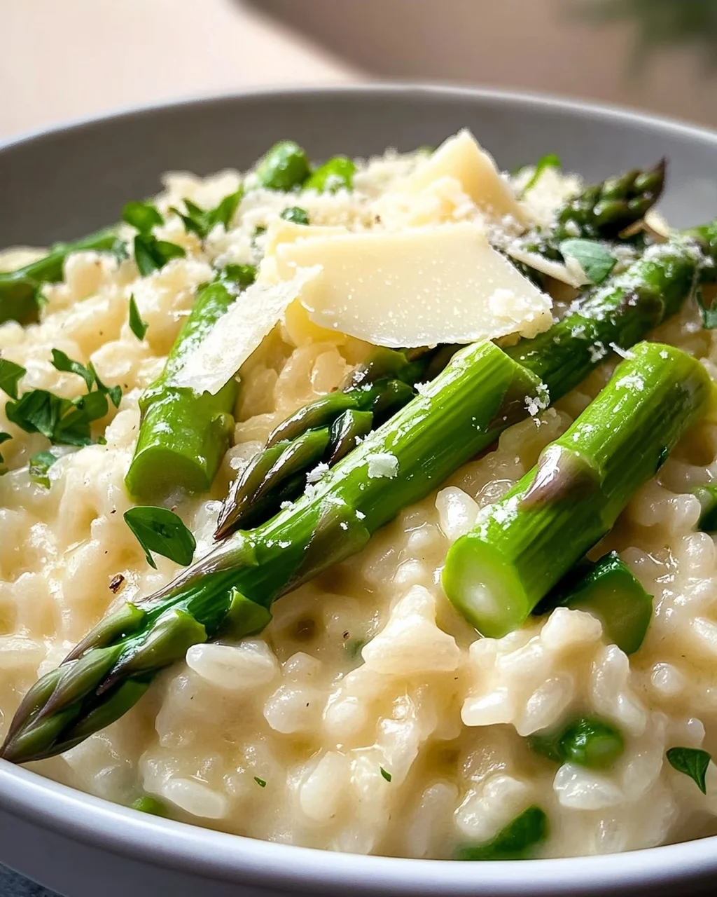 Creamy Asparagus Risotto with White Wine, Butter, and Parmesan