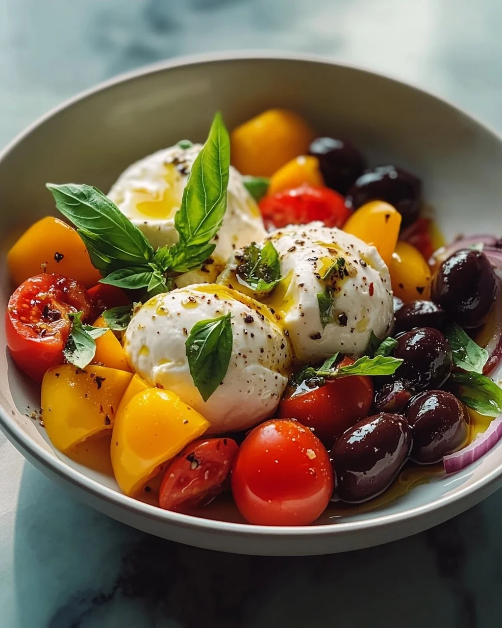 Cremige Mediterrane Burrata Bowl mit Paprika & Oliven