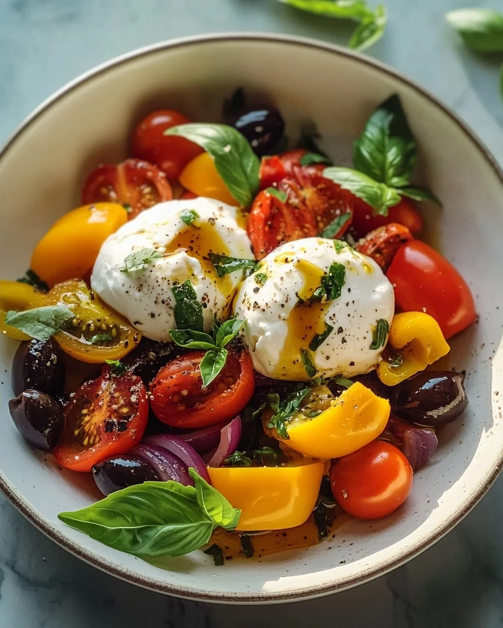Cremige Mediterrane Burrata Bowl mit Paprika & Oliven