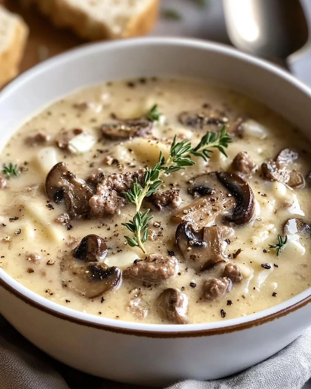 Cremige Rinder-Champignon Suppe mit Knoblauch und Thymian
