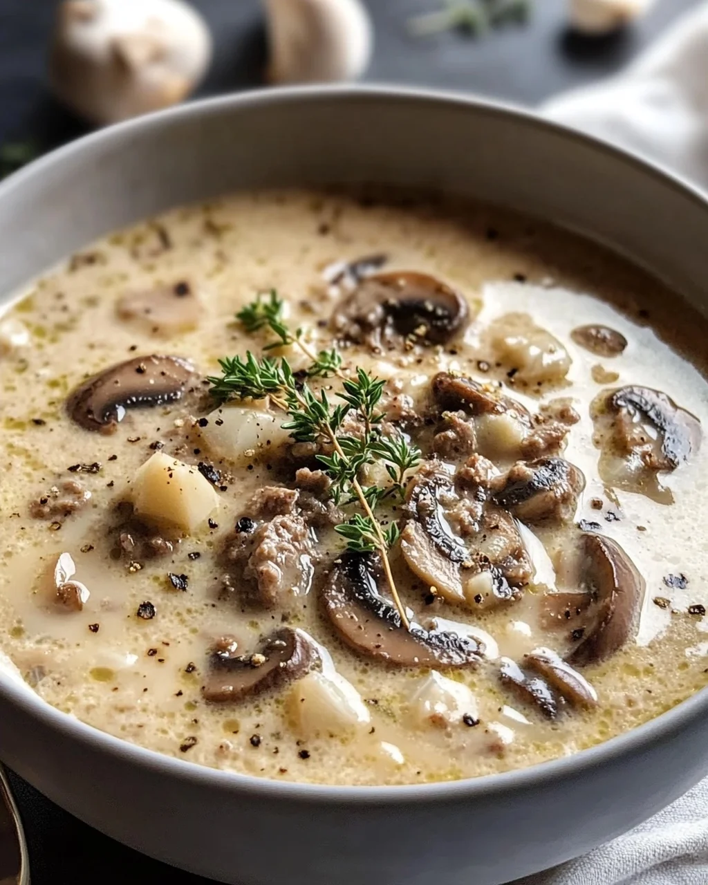 Cremige Rinder-Champignon Suppe mit Knoblauch und Thymian