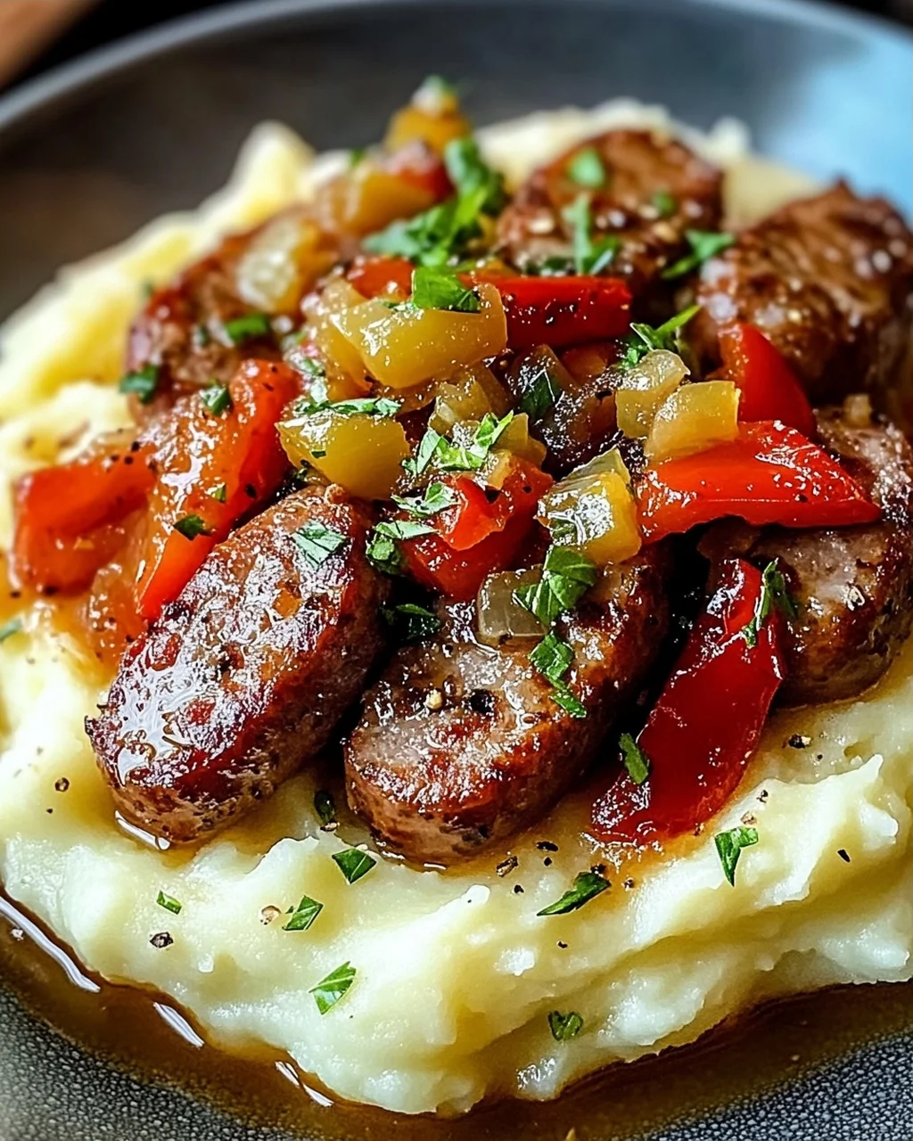 Cremige Wurst und Paprika auf Kartoffelpüree