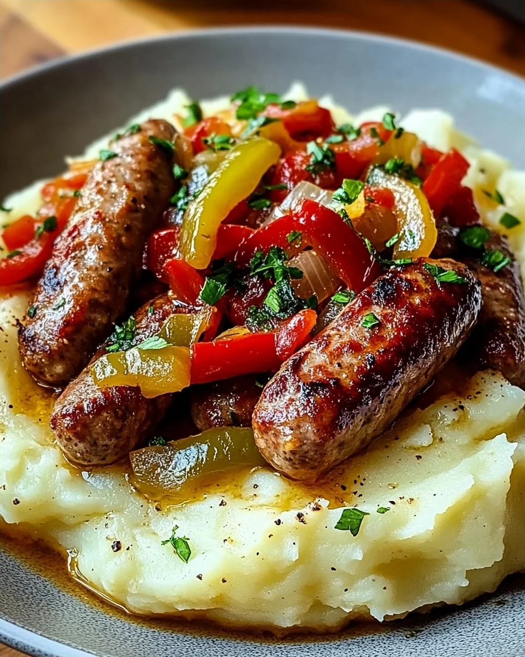 Cremige Wurst und Paprika auf Kartoffelpüree