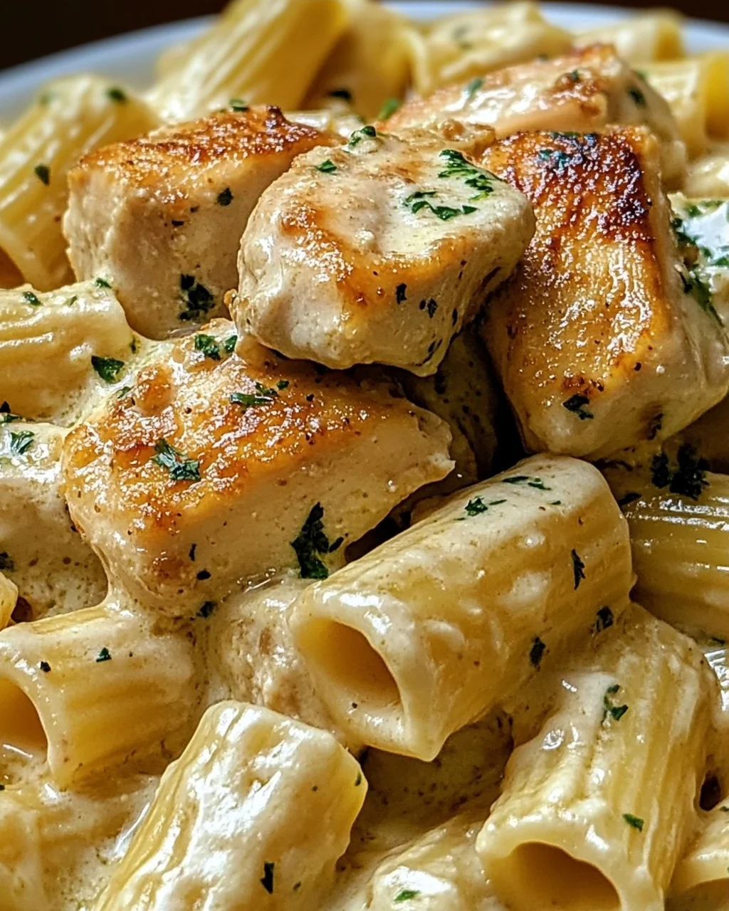 Cremiges Knoblauchbutter-Huhn und Rigatoni in Parmesan-Soße