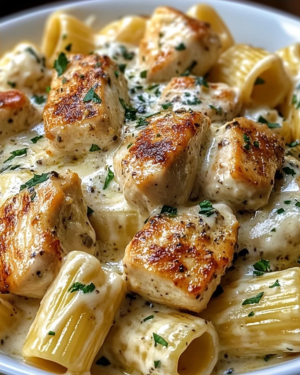 Cremiges Knoblauchbutter-Huhn und Rigatoni in Parmesan-Soße