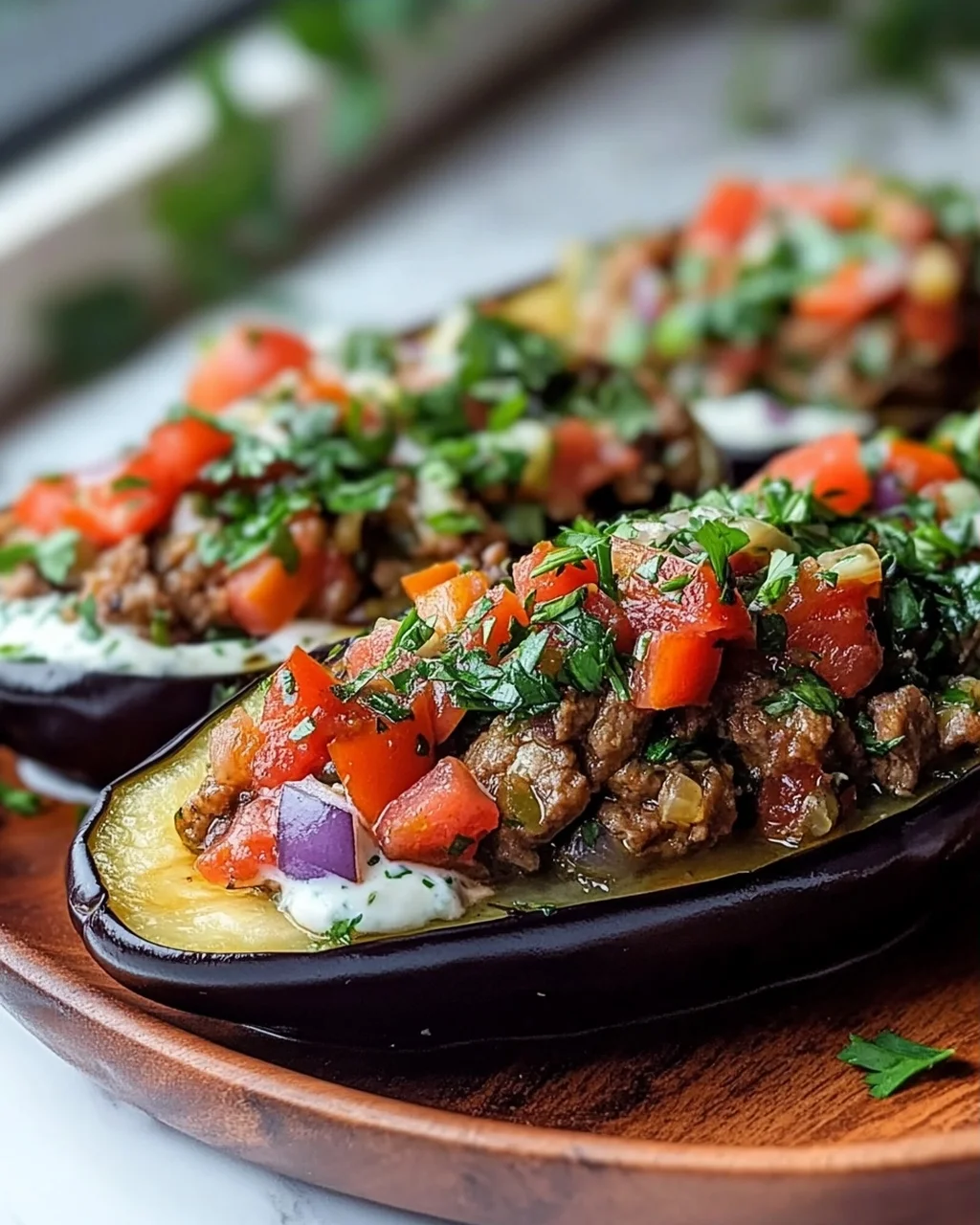 Gefüllte Auberginen mit Gyros und Zitronen-Kräutersauce