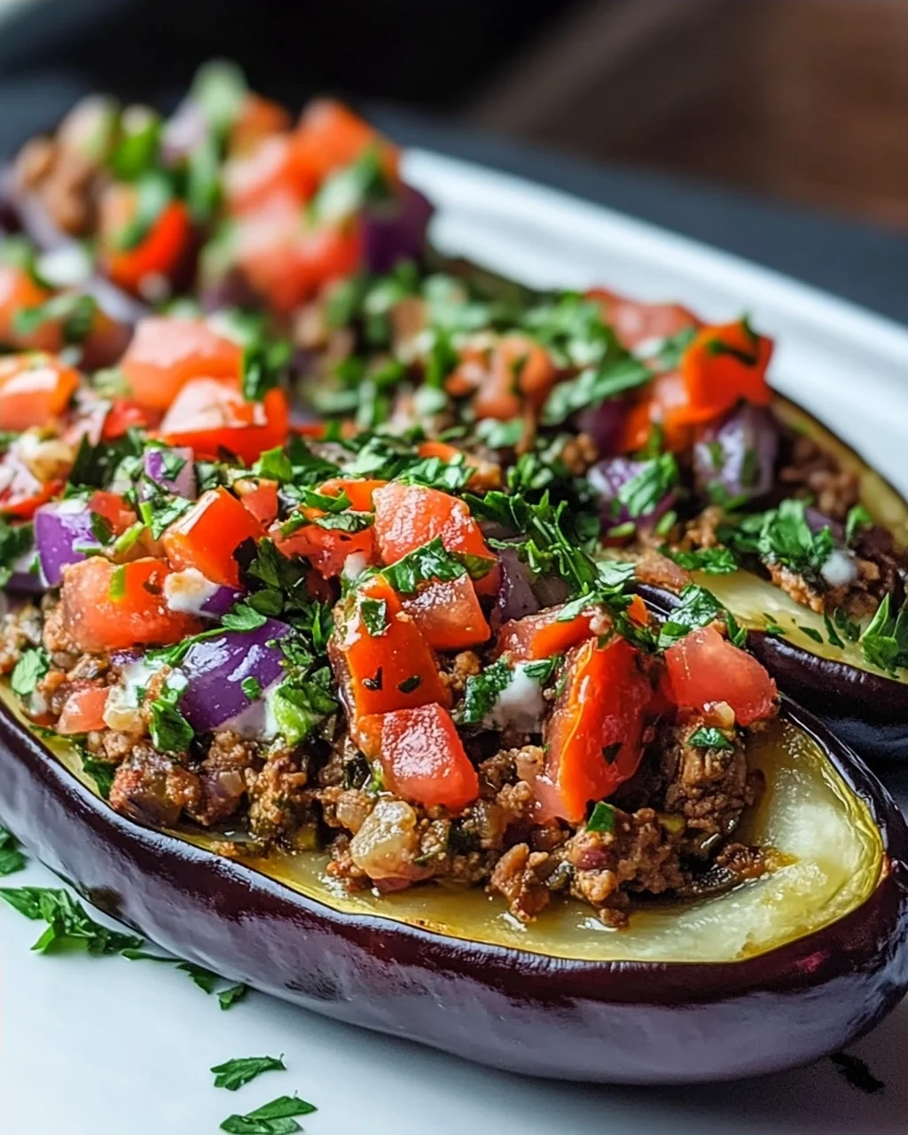 Gefüllte Auberginen mit Gyros und Zitronen-Kräutersauce
