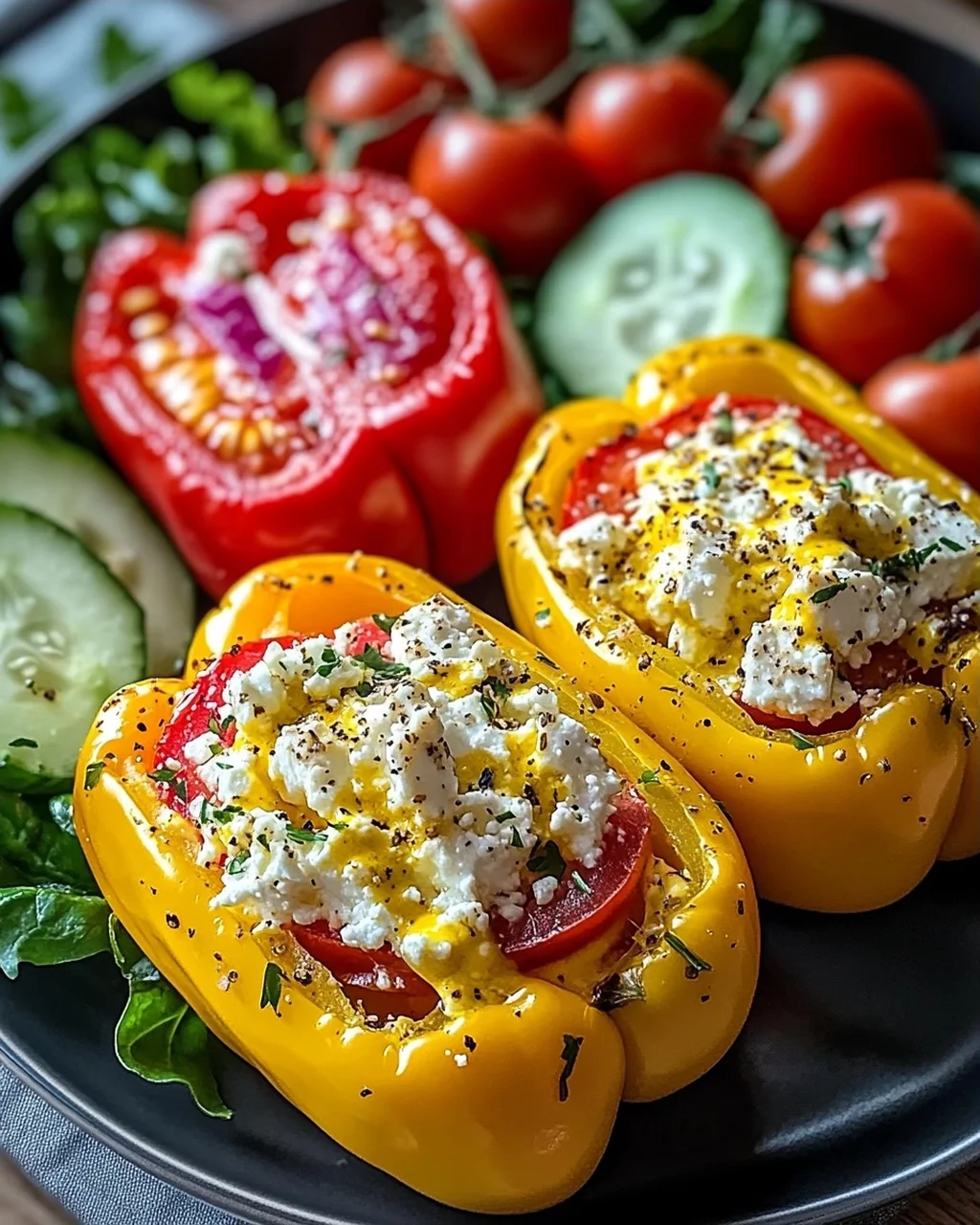 Gefüllte Feta-Paprika mit buntem Salat