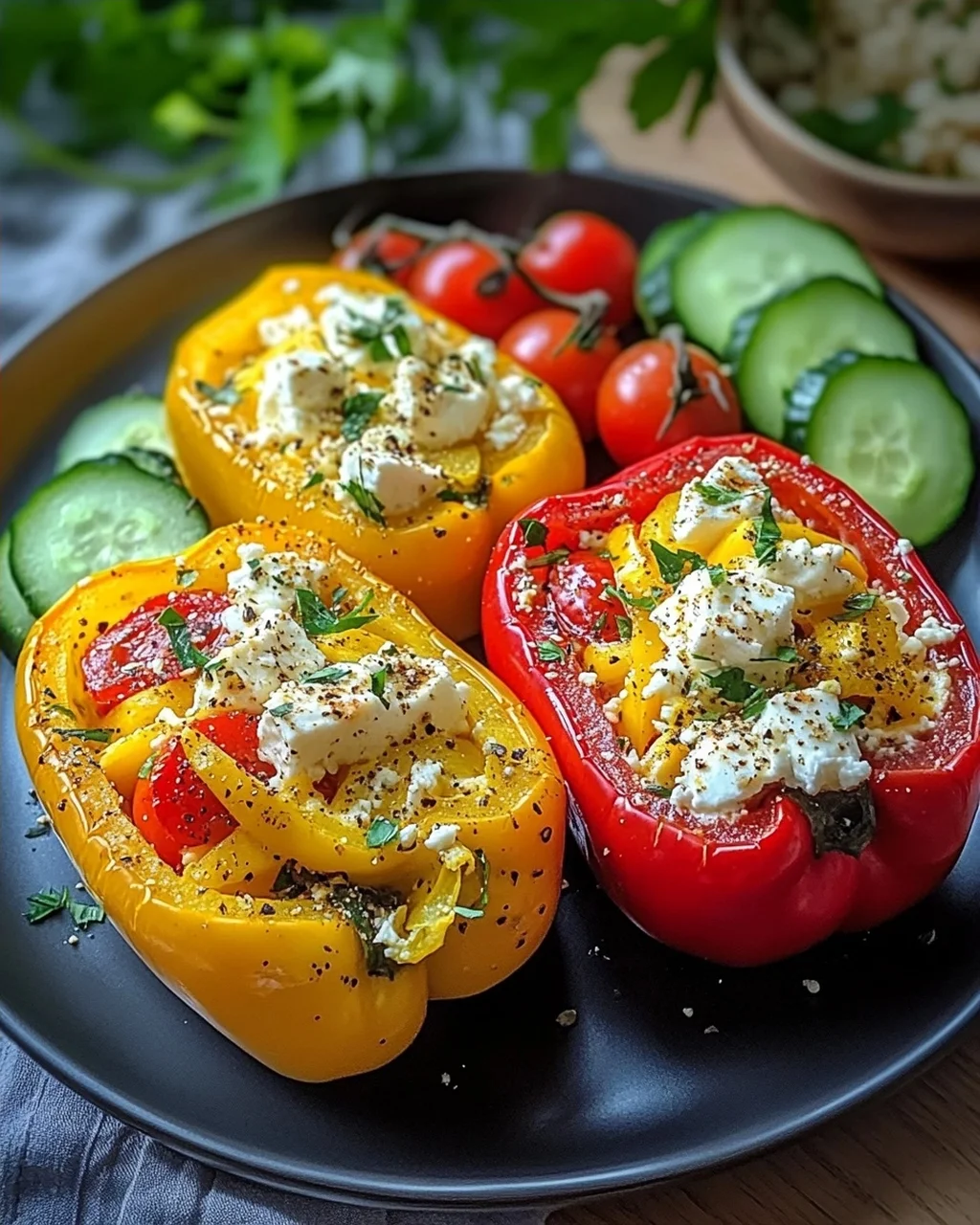 Gefüllte Feta-Paprika mit buntem Salat