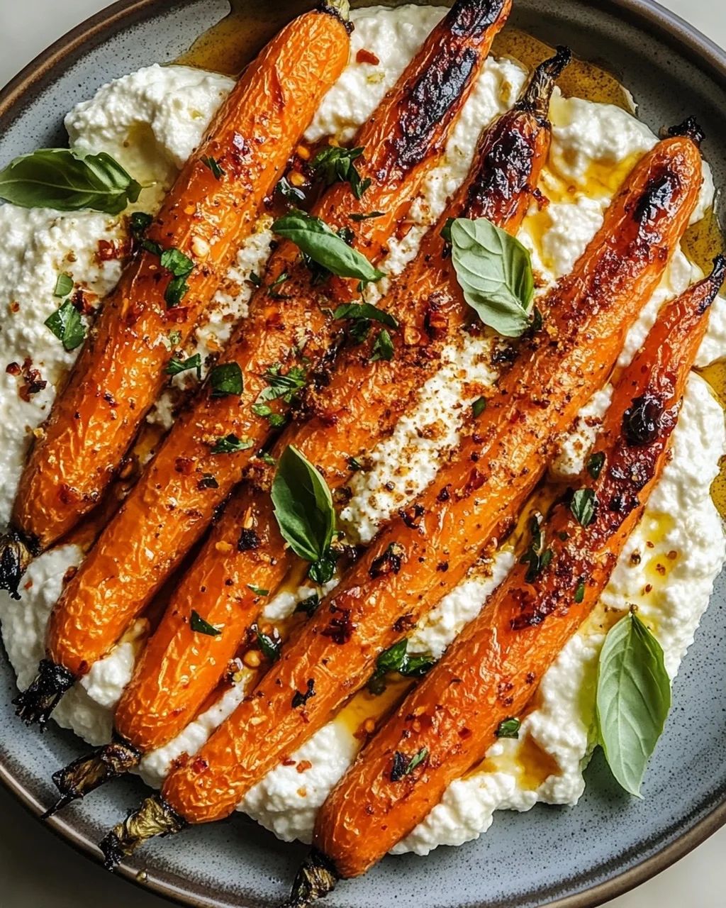 Geröstete Karotten mit geschlagener Ricotta und scharfen Honig