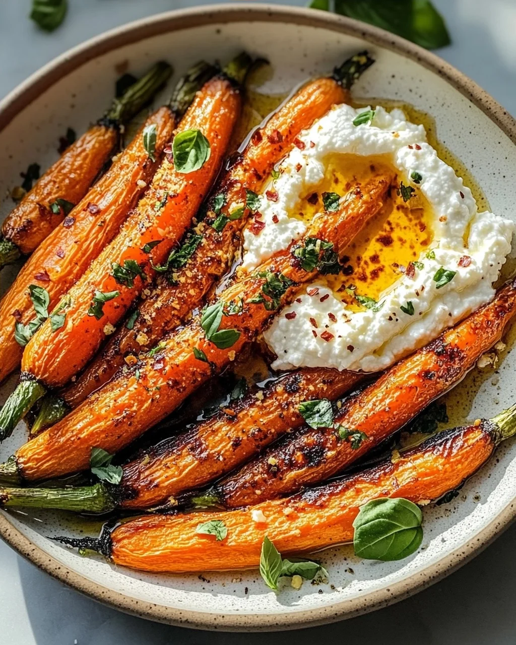 Geröstete Karotten mit geschlagener Ricotta und scharfen Honig
