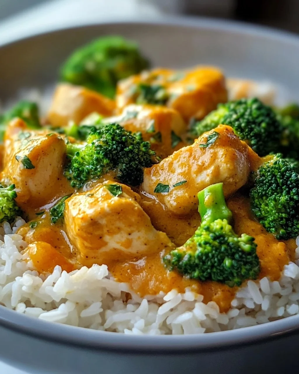 Gesunde cremige Kürbis Hähnchen Pfanne mit Brokkoli & Reis