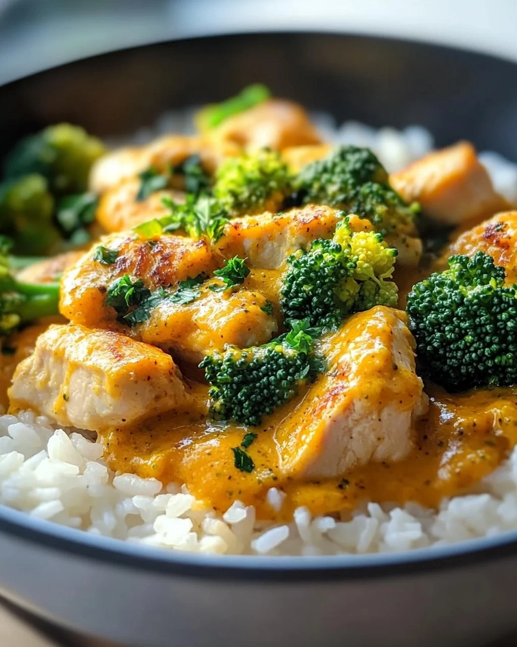 Gesunde cremige Kürbis Hähnchen Pfanne mit Brokkoli & Reis