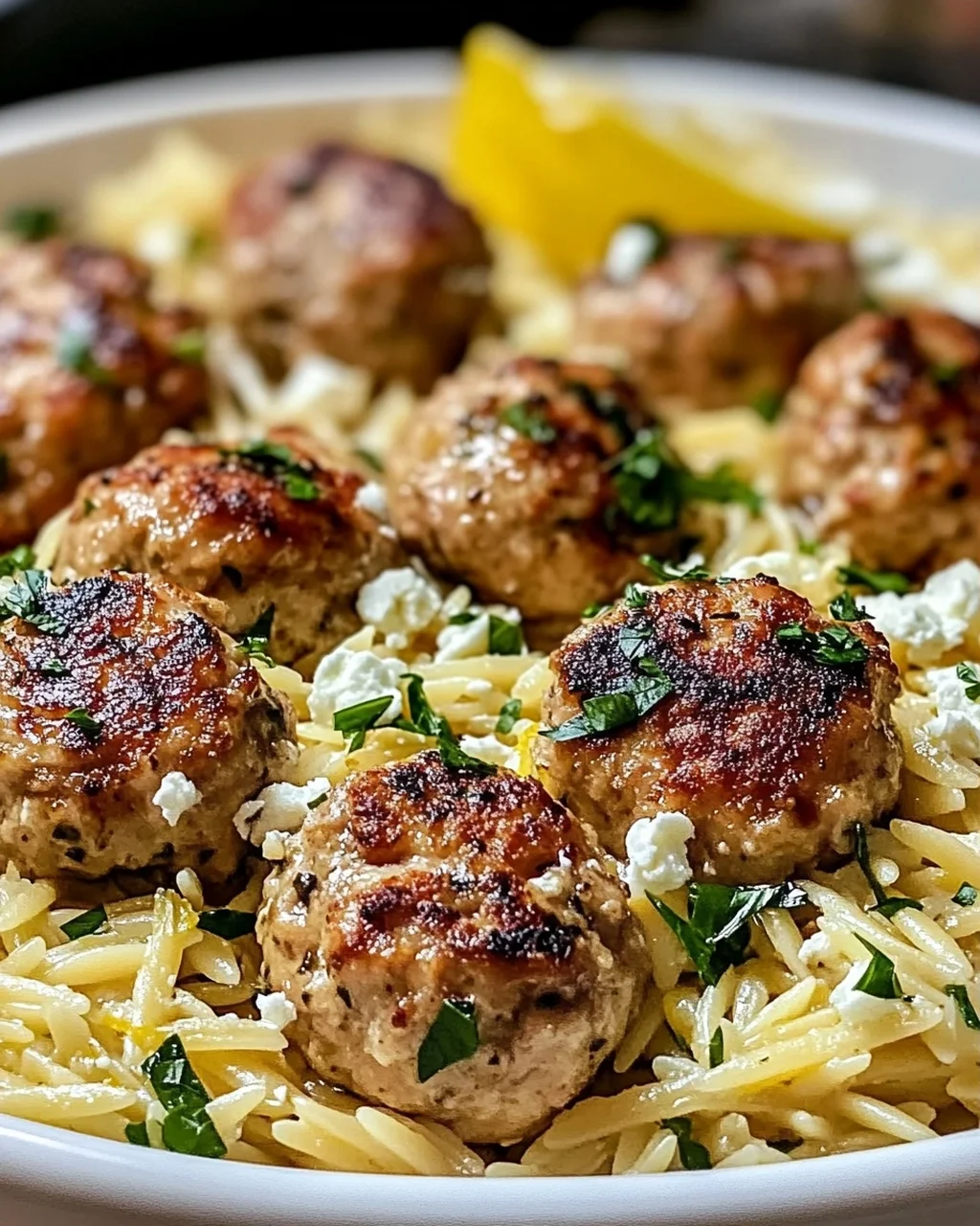 Griechische Hähnchenbällchen mit Zitronen-Orzo