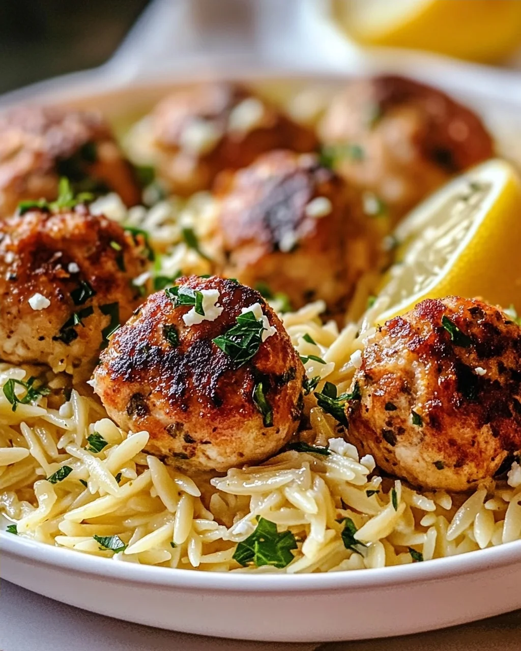 Griechische Hähnchenbällchen mit Zitronen-Orzo