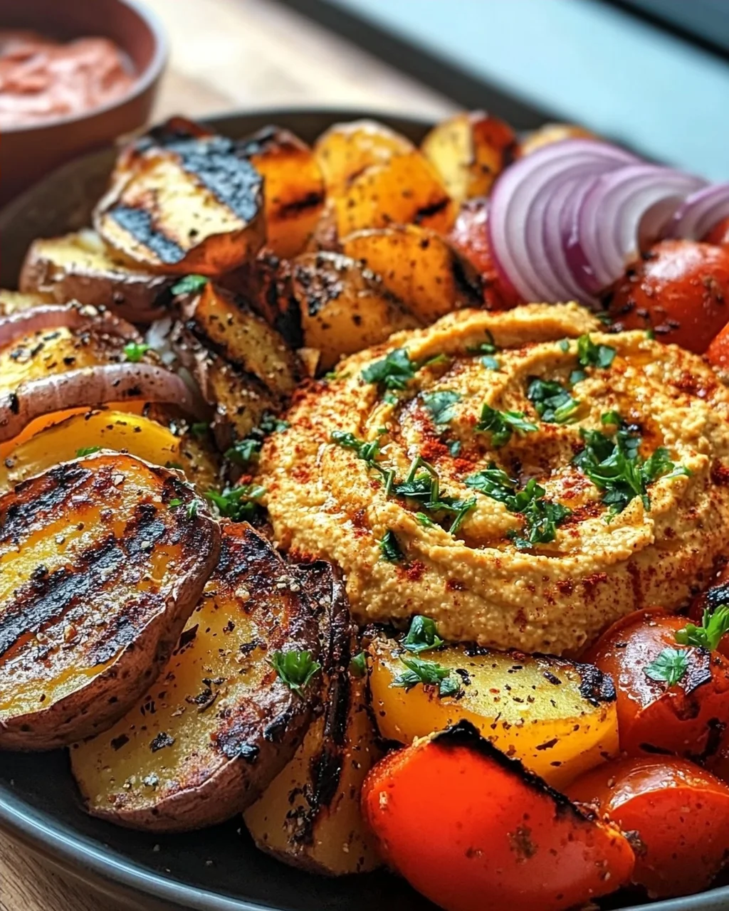 Kartoffel-Schawarma mit Tomaten-Hummus