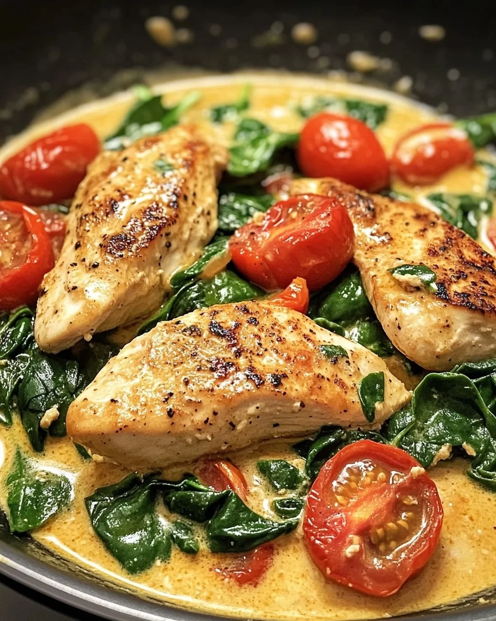 Keto Hähnchen-Spinat-Tomaten-Pfanne