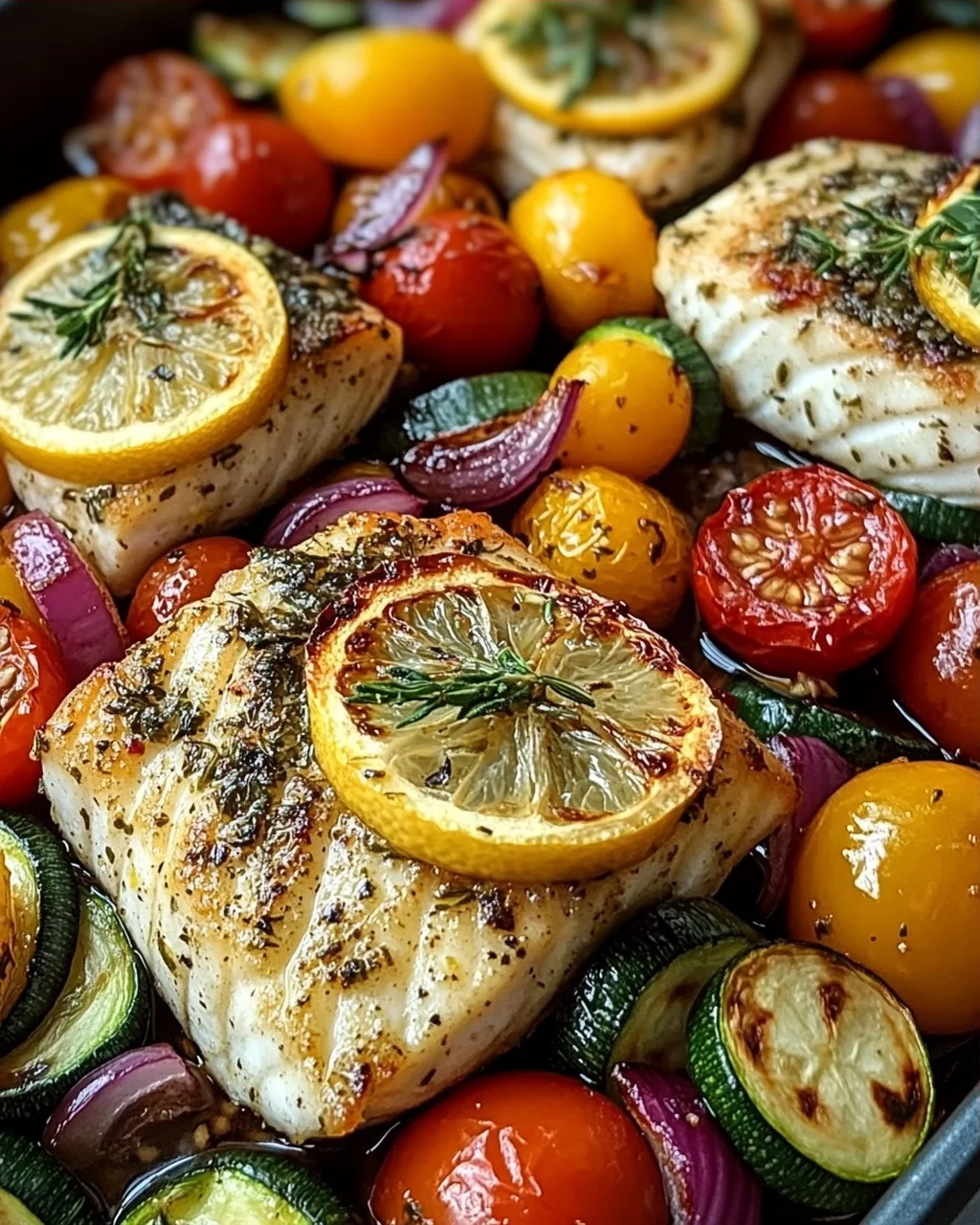 Mediterran gebackene Fischfilets mit Gemüse