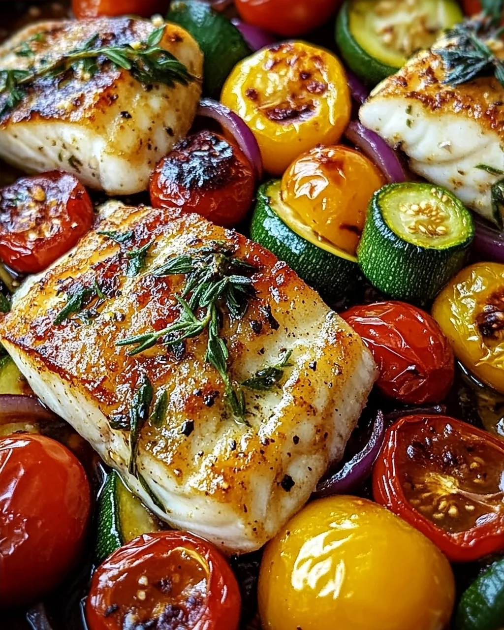 Mediterran gebackene Fischfilets mit Gemüse