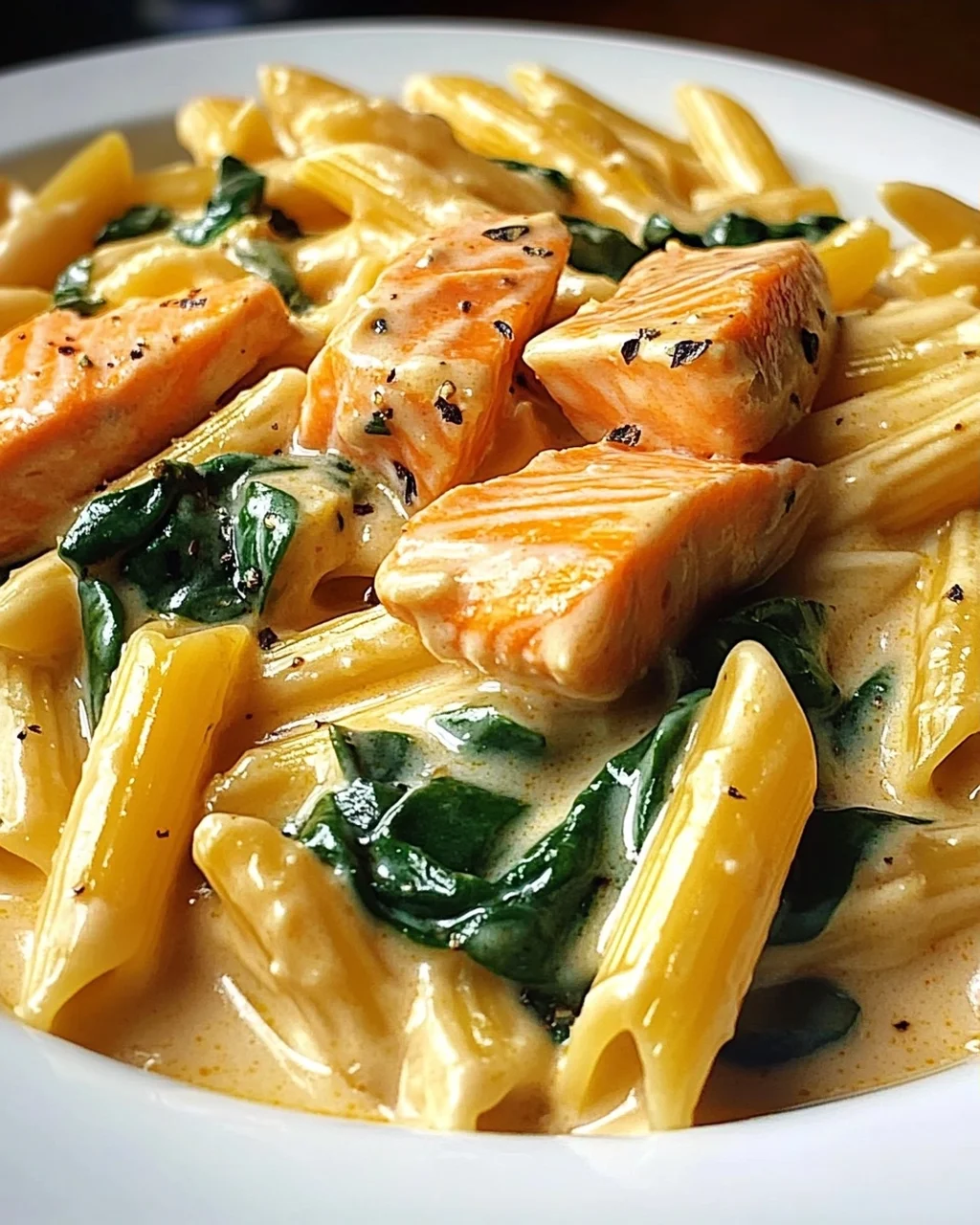 Penne in Lachs-Sahne-Sauce mit Spinat