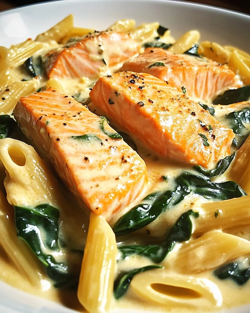 Penne in Lachs-Sahne-Sauce mit Spinat