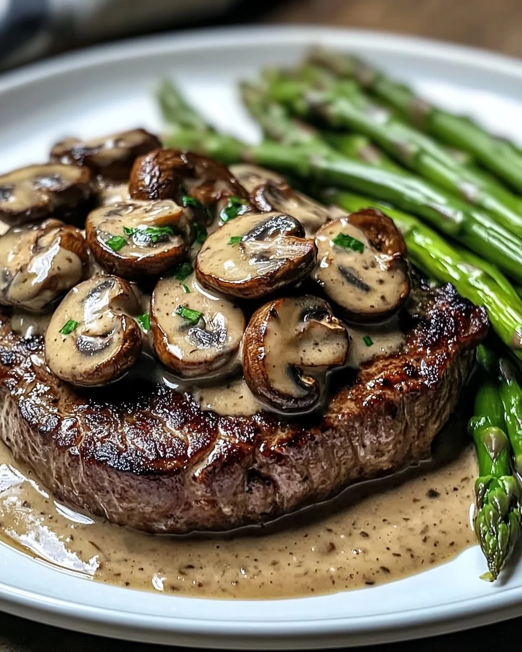 Ribeye Steak mit cremiger Pilzsauce und Spargel