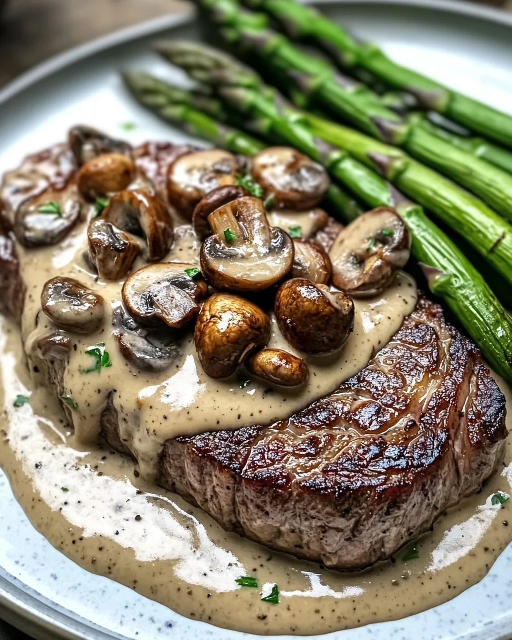Ribeye Steak mit cremiger Pilzsauce und Spargel