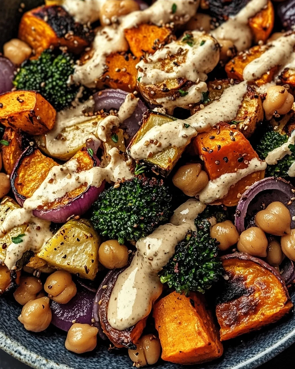 Schüssel mit geröstetem Gemüse und Kichererbsen mit Tahini-Dressing