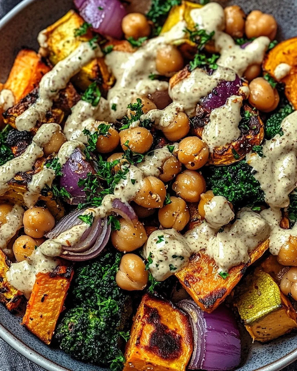 Schüssel mit geröstetem Gemüse und Kichererbsen mit Tahini-Dressing