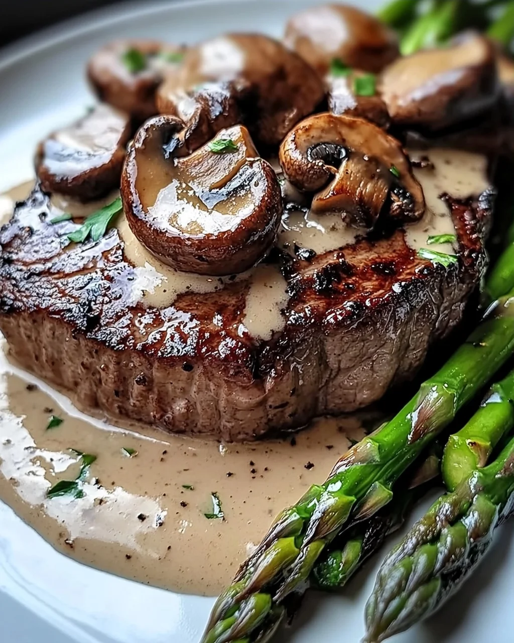 Steak mit cremiger Pilzsauce und Spargel genießen!
