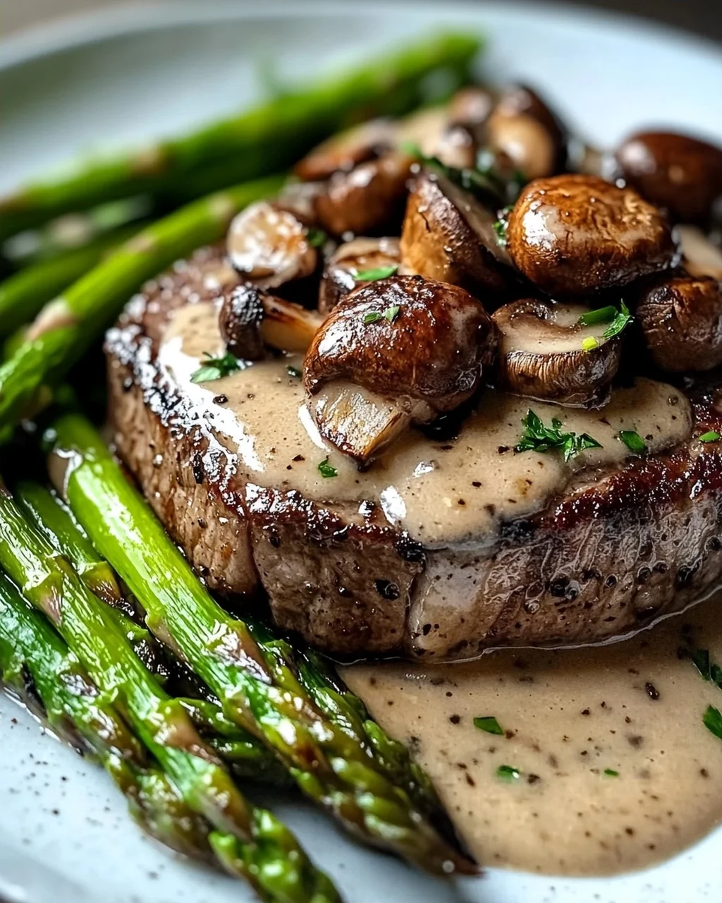 Steak mit cremiger Pilzsauce und Spargel genießen!