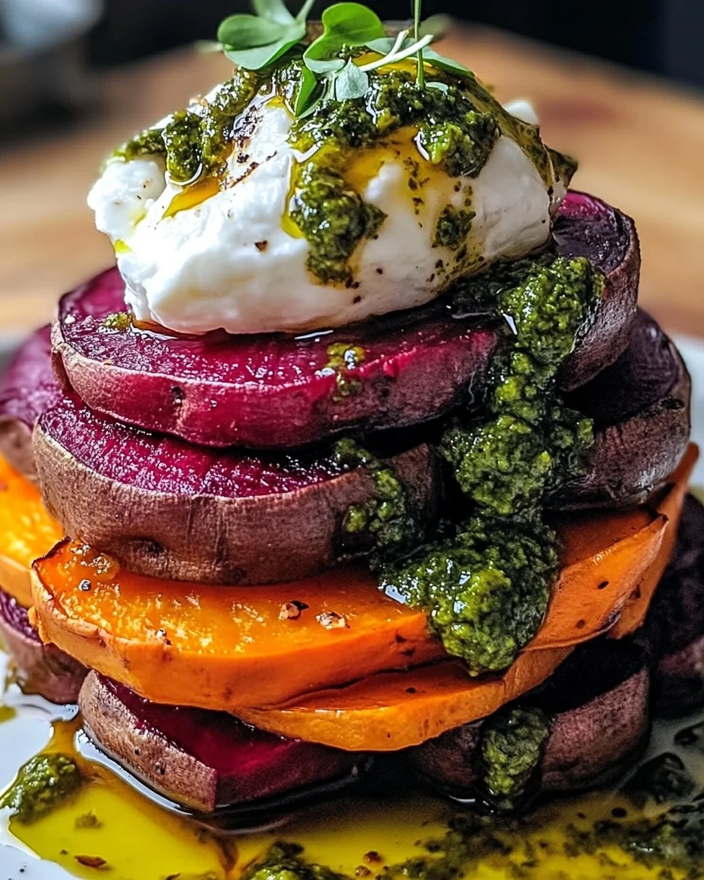 Süßkartoffel- und Rote-Bete-Stapel mit Pesto