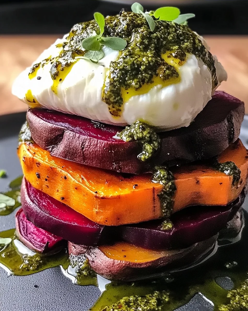 Süßkartoffel- und Rote-Bete-Stapel mit Pesto