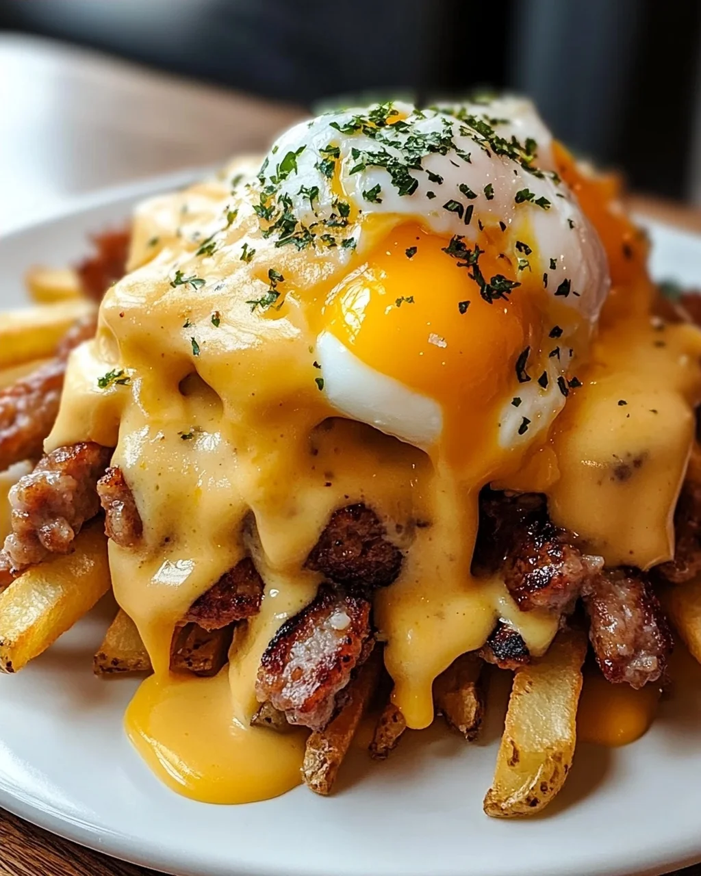 Ultimative Frühstücks-Poutine mit cremiger Hollandaise-Sauce