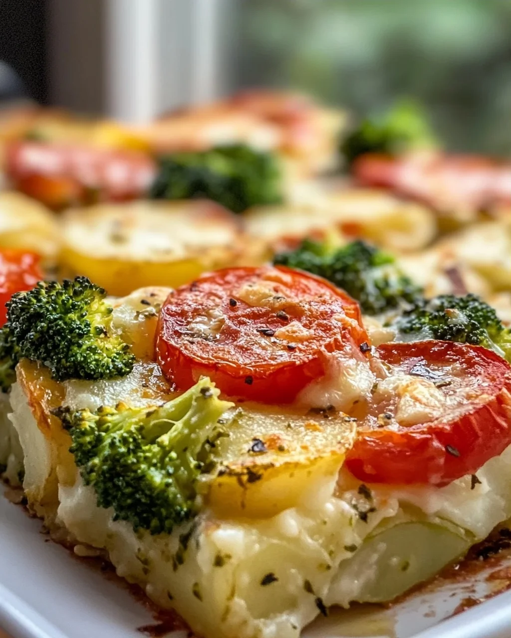 Veganer Kartoffel Auflauf mit Brokkoli und Tomaten genießen!